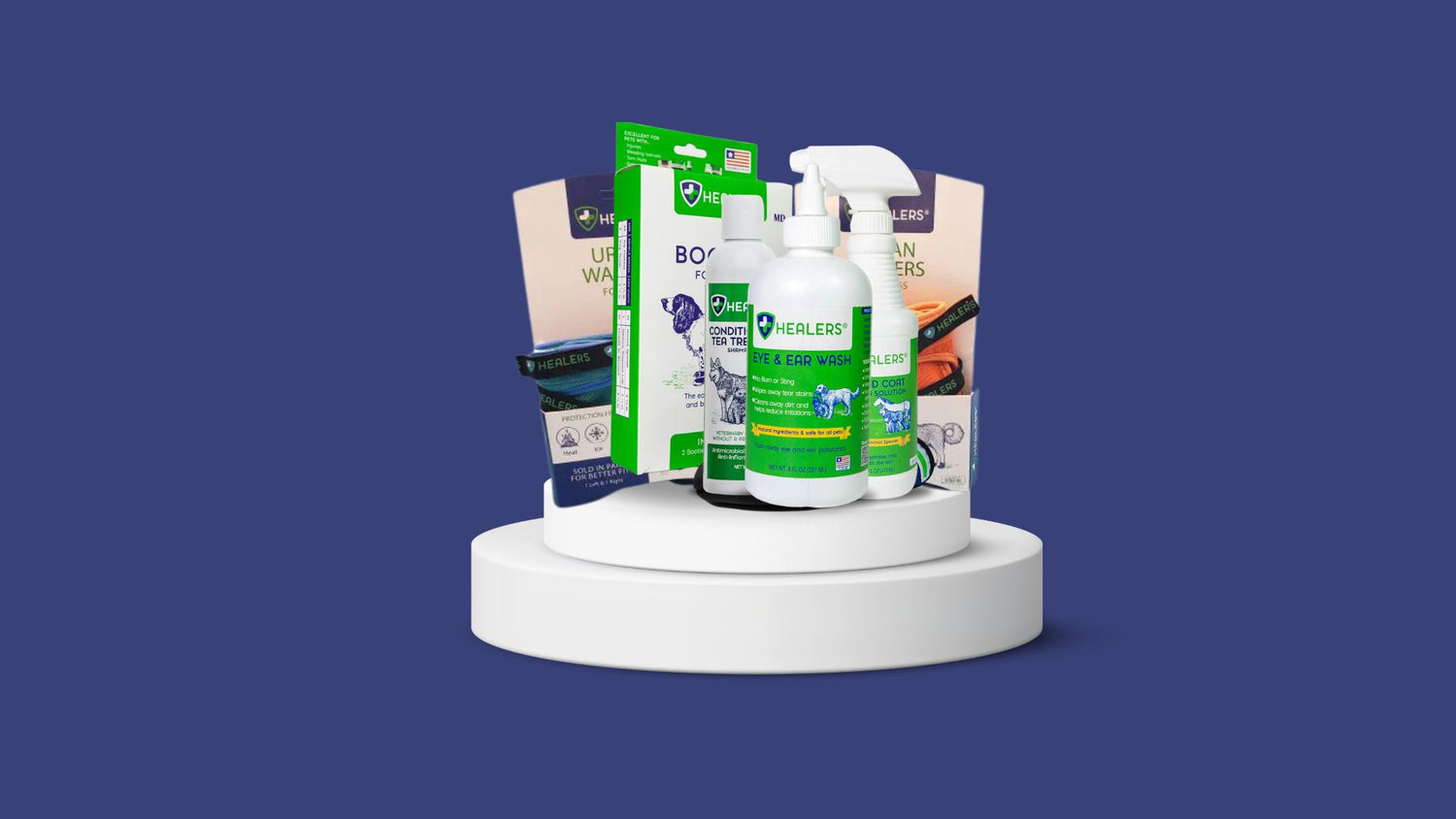 Various pet care products, including bottles and boxes, arranged on a white, two-tiered circular platform. Dark blue background.