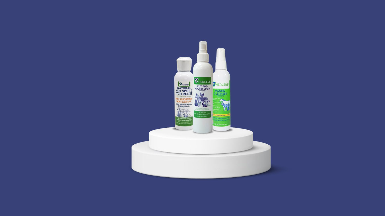 Three pet care bottles arranged on a white, two-tiered circular platform. Bottles have different labels and spray nozzles. Dark blue background.