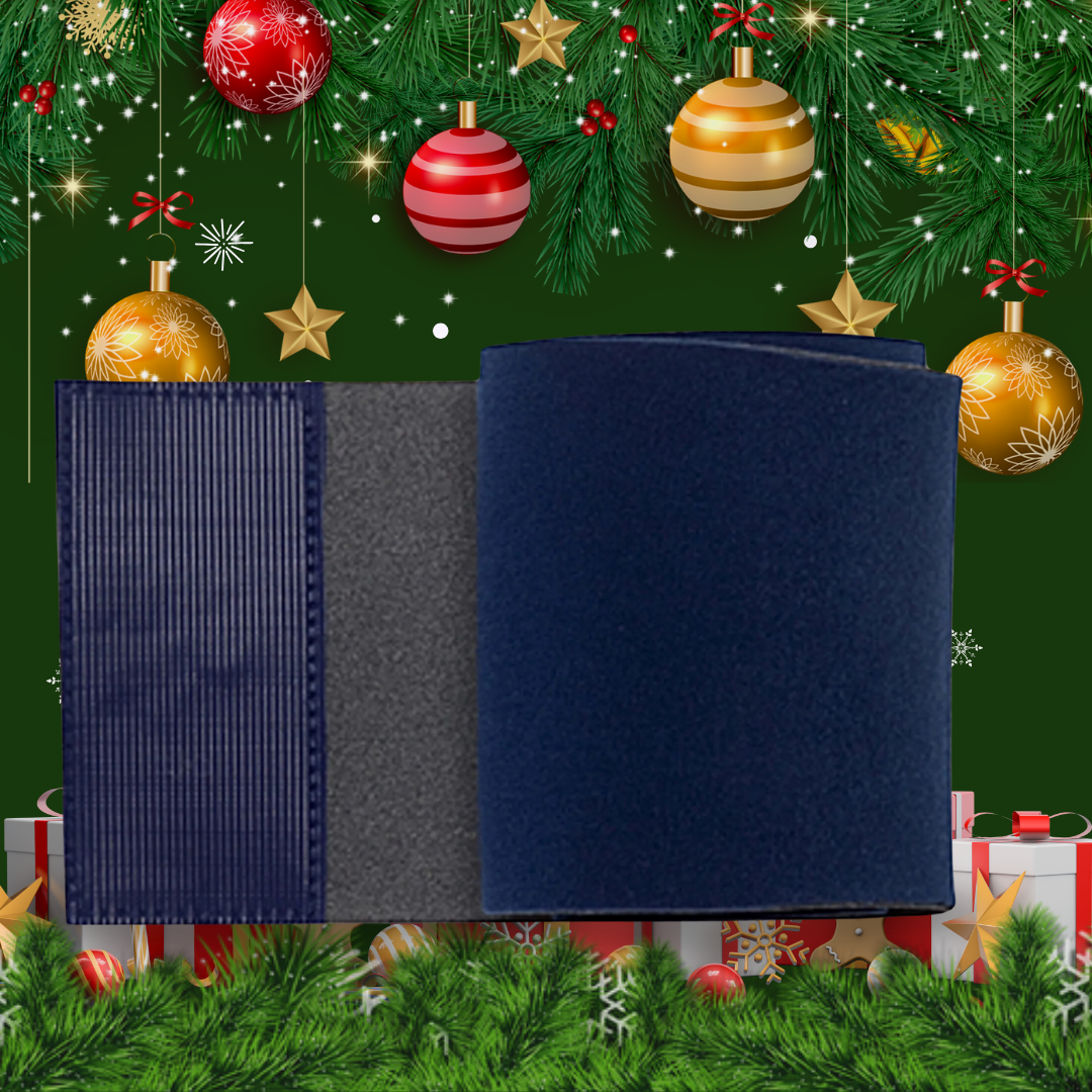 Blue and grey Healers Elastic Wrap Leg Bandage, partially unrolled, surrounded by Christmas ornaments, snowflakes, and gift boxes. Holiday-themed product image.
