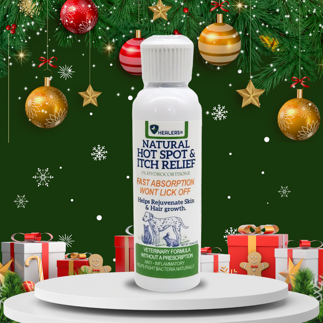 Healers PetCare Natural Hot Spot & Itch Relief bottle with 1% hydrocortisone on a white platform, surrounded by Christmas decorations and gift boxes.