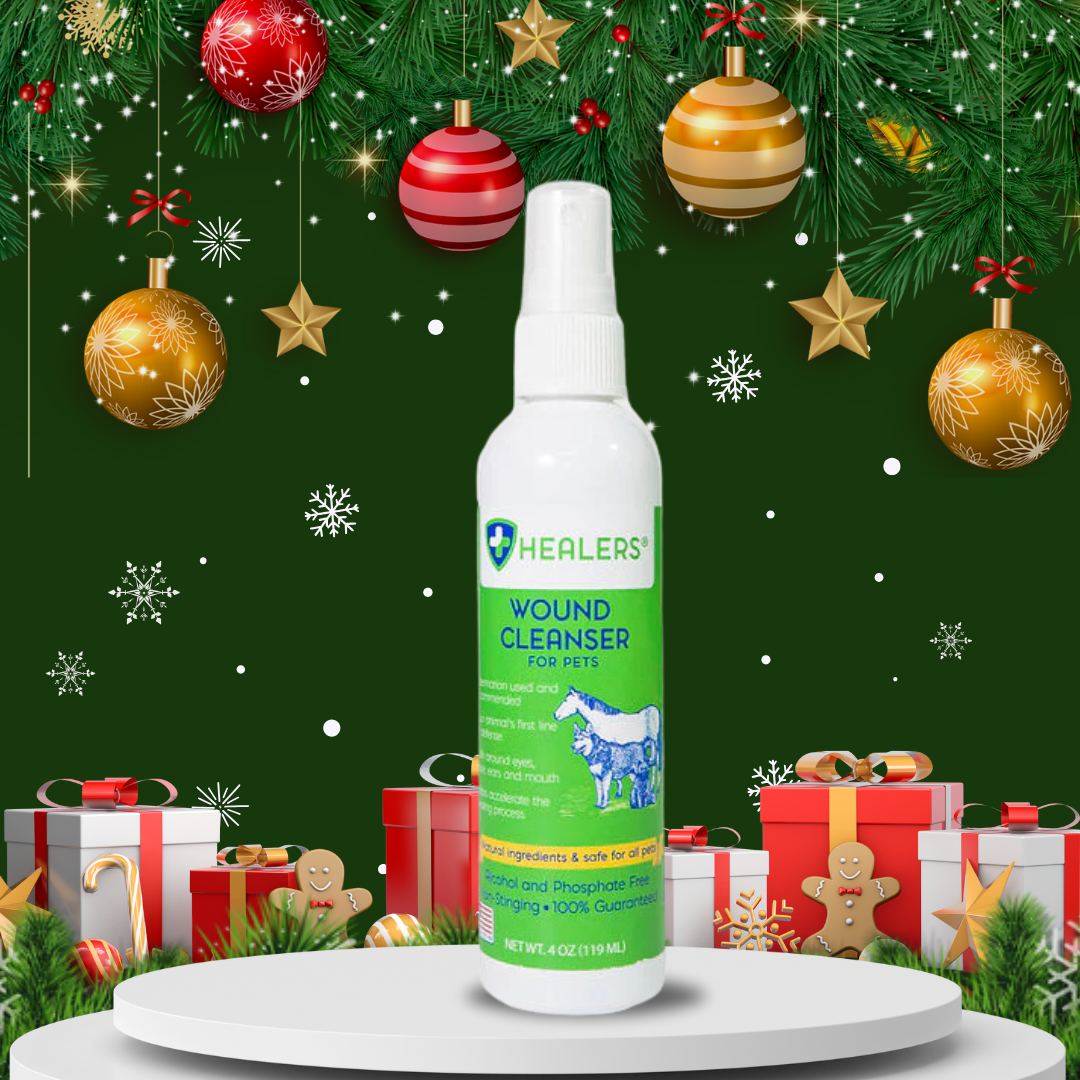 Healers Wound Cleanser for pets 4 oz bottle with holiday-themed background featuring Christmas decorations and gift boxes.