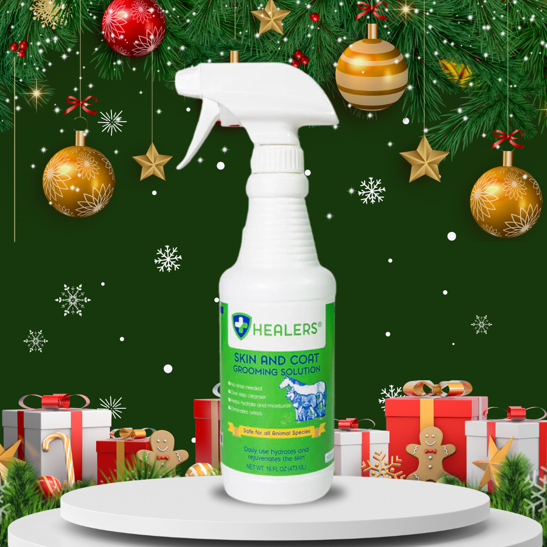 Healers Skin and Coat Grooming Solution spray bottle with green label, holiday-themed background with Christmas ornaments and gift boxes, pet grooming product for moisturizing and odor elimination.