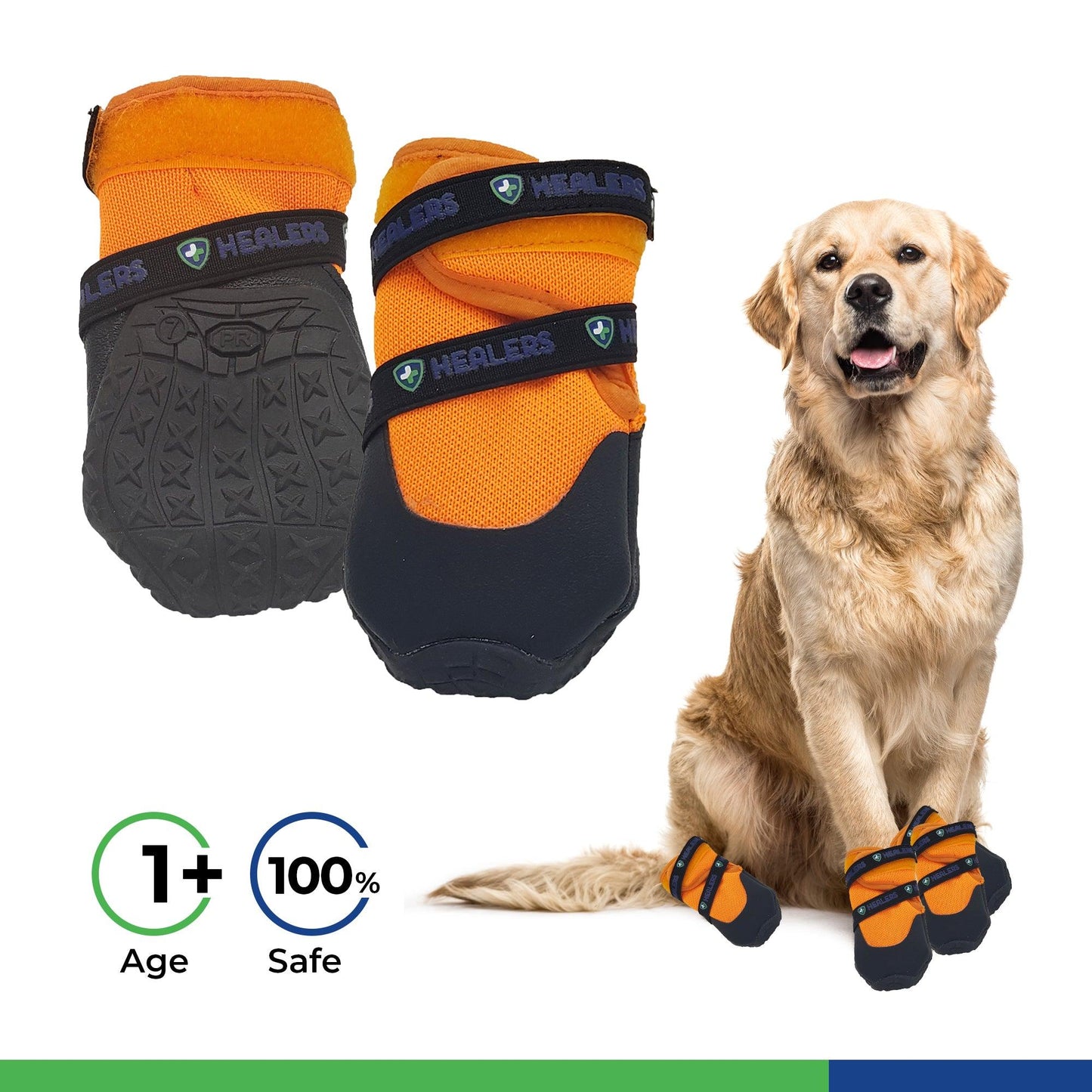 Pair of orange and black dog booties with rubber soles and adjustable straps, shown alongside a golden retriever wearing the booties, safe for dogs aged 1 year and older