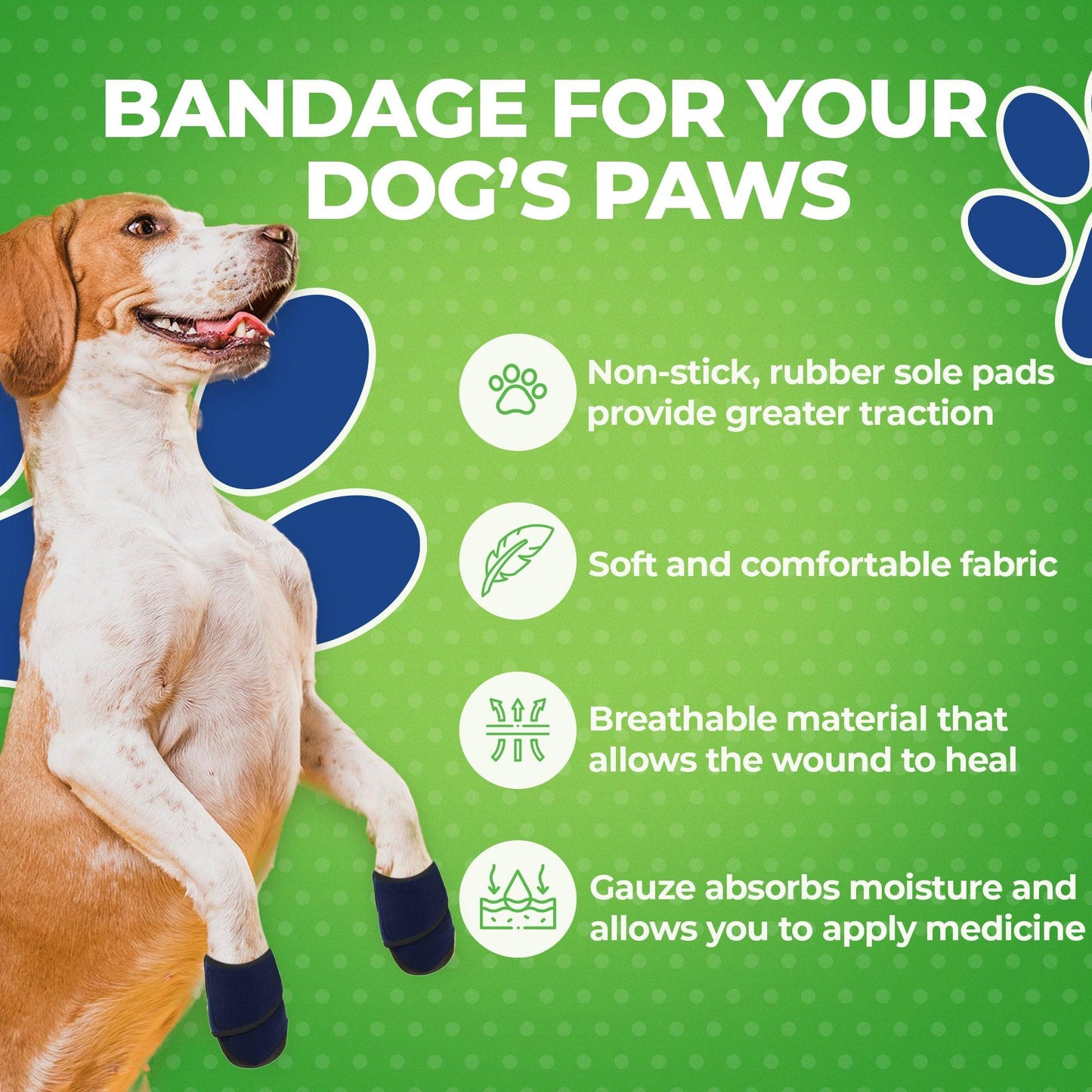 Dog wearing Healers Booties with non-stick rubber sole pads, soft breathable fabric, and moisture-absorbing gauze for effective paw bandaging
