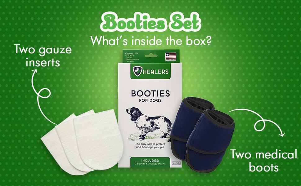 Healers Booties Set for Dogs. Includes two gauze inserts, product box with dog image, and two medical boots. Green background with white text.