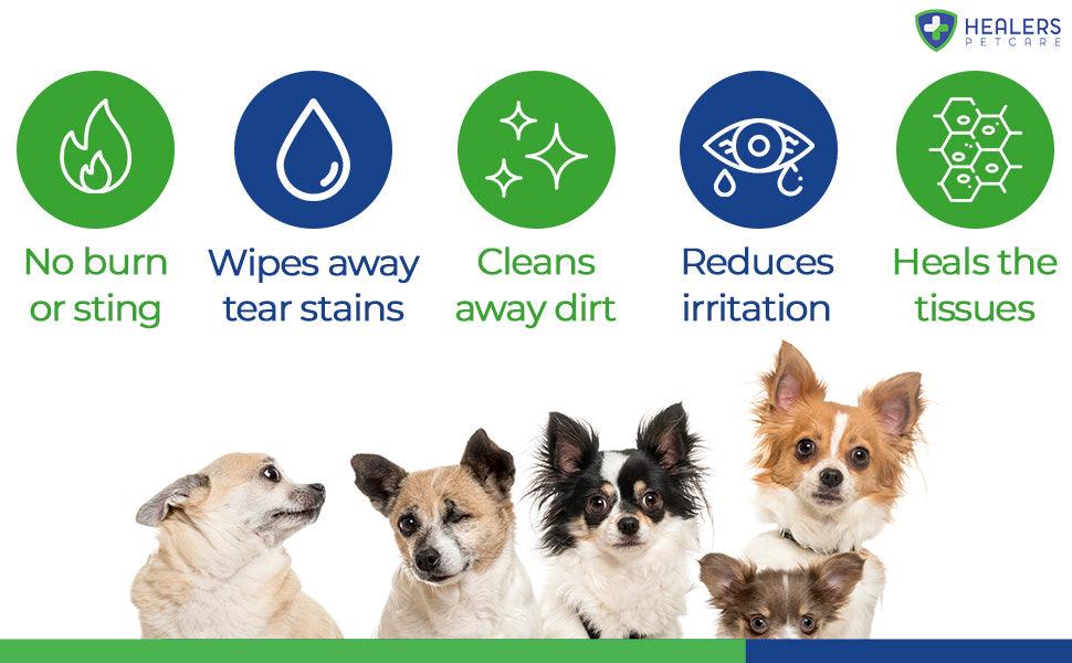 Five small dogs under icons highlighting benefits of Healers Petcare product: no burn or sting, wipes away tear stains, cleans away dirt, reduces irritation, and heals tissues.