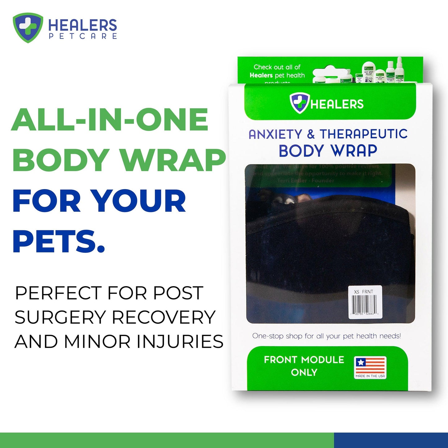 Healers Anxiety & Therapeutic Body Wrap front module for pets, ideal for post-surgery recovery and minor injuries, made in the USA.
