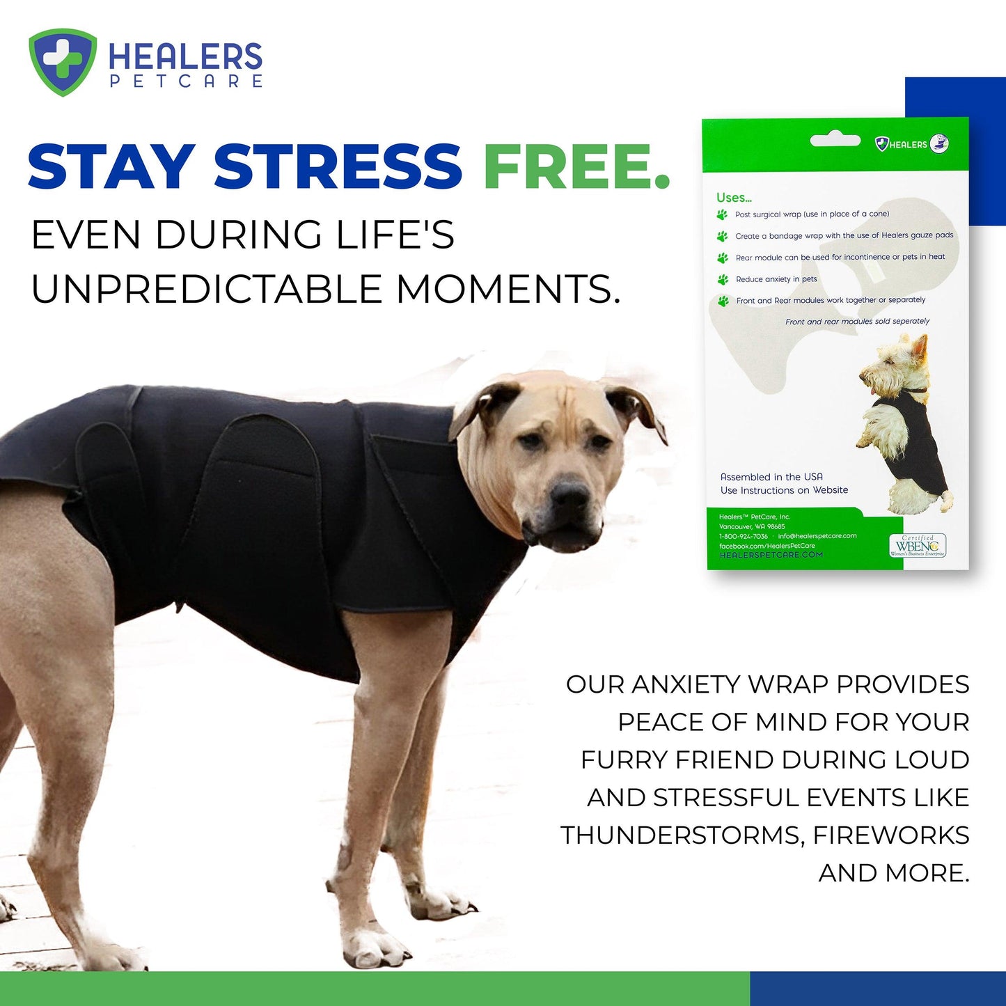 Dog wearing Healers Anxiety Wrap for stress relief during loud and stressful events like thunderstorms and fireworks. Packaging shows front and back views of the wrap. Text highlights peace of mind for pets during unpredictable moments.