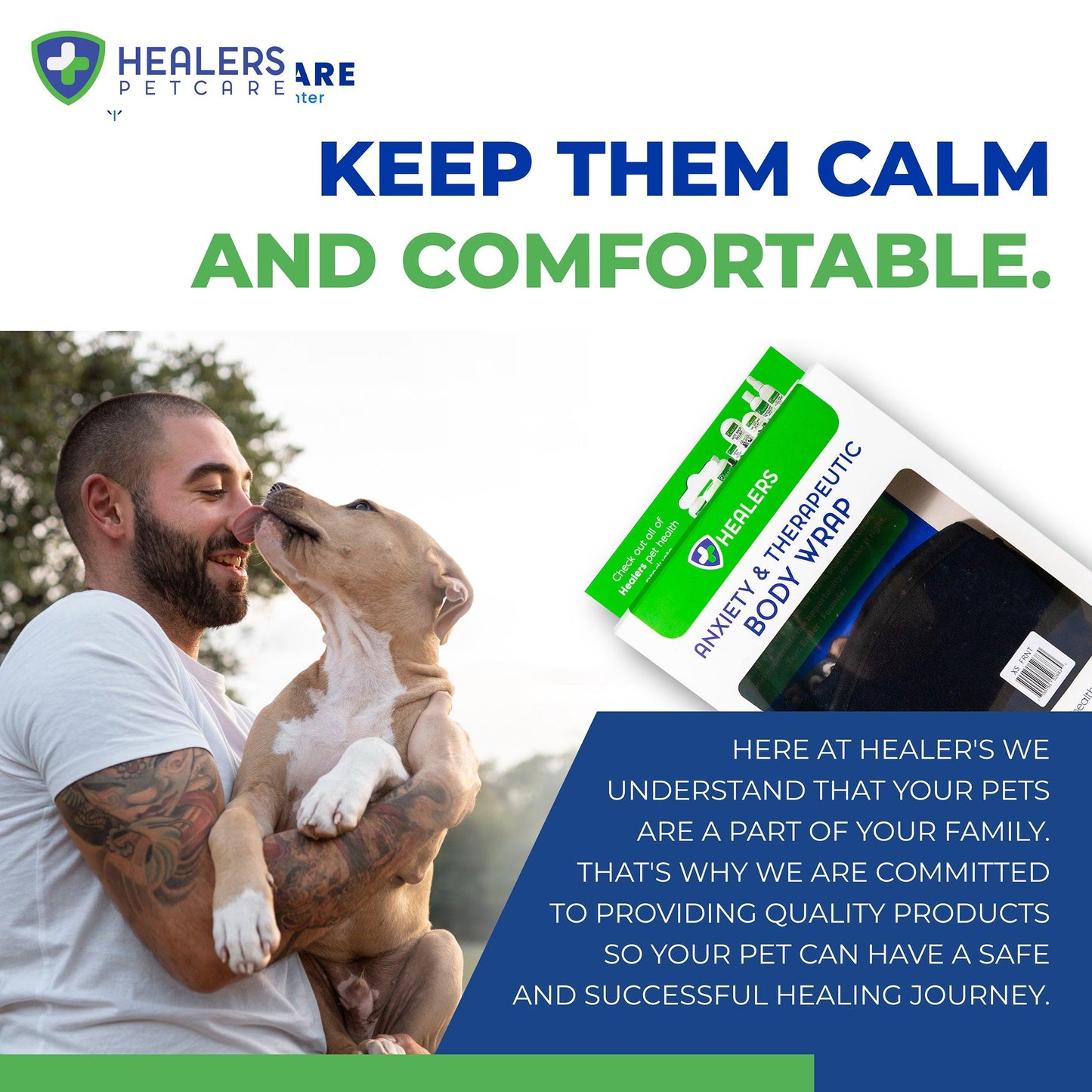 Man holding a dog licking his face with Healers Anxiety & Therapeutic Body Wrap product, emphasizing keeping pets calm and comfortable with quality healing products from Healers PetCare.