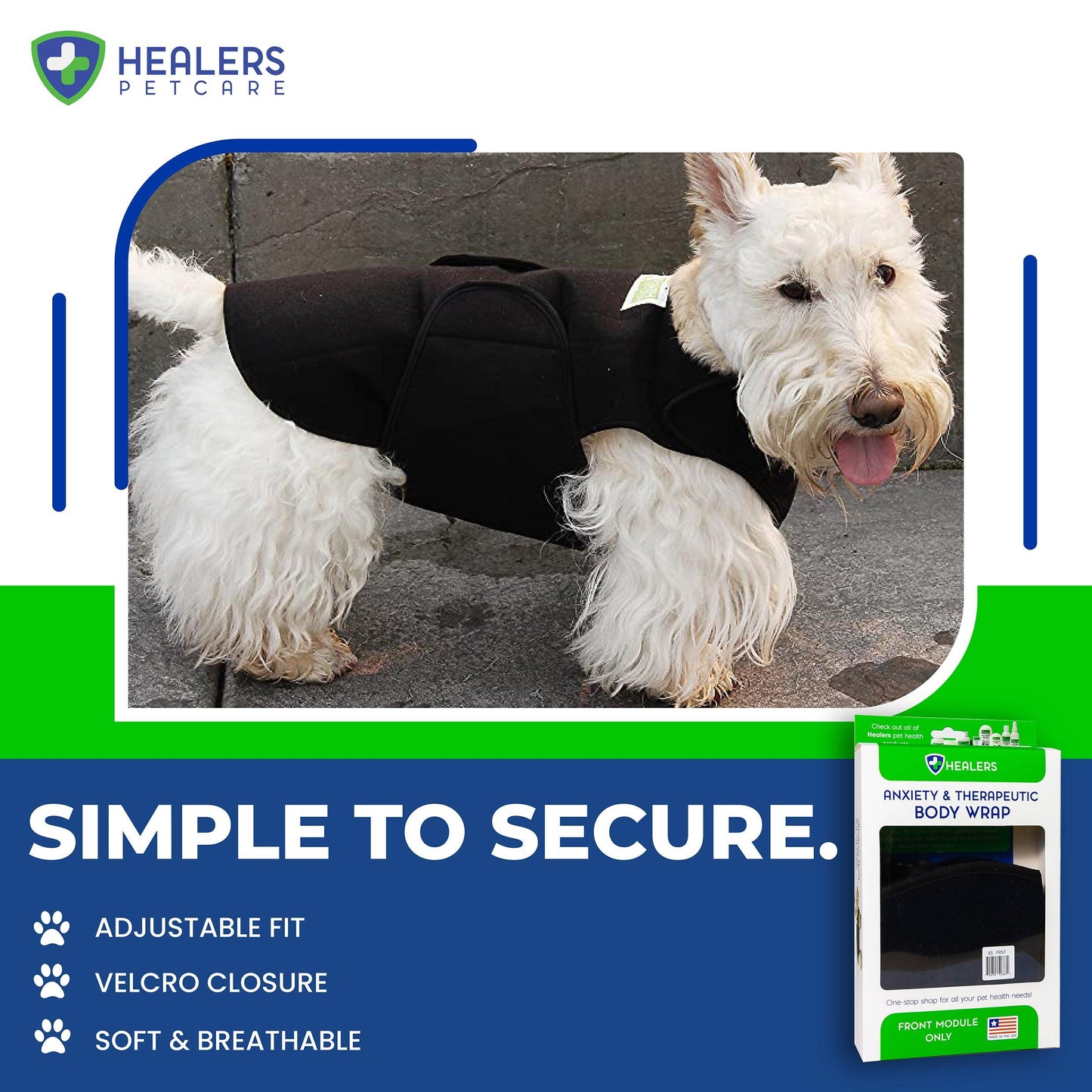 White fluffy dog wearing a black adjustable, soft, and breathable Healers Anxiety & Therapeutic Body Wrap with velcro closure, shown alongside product packaging.