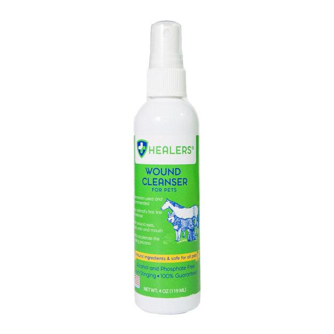 Bottle of Healers Wound Cleanser for Pets, a gentle and effective solution for cleaning pet wounds.