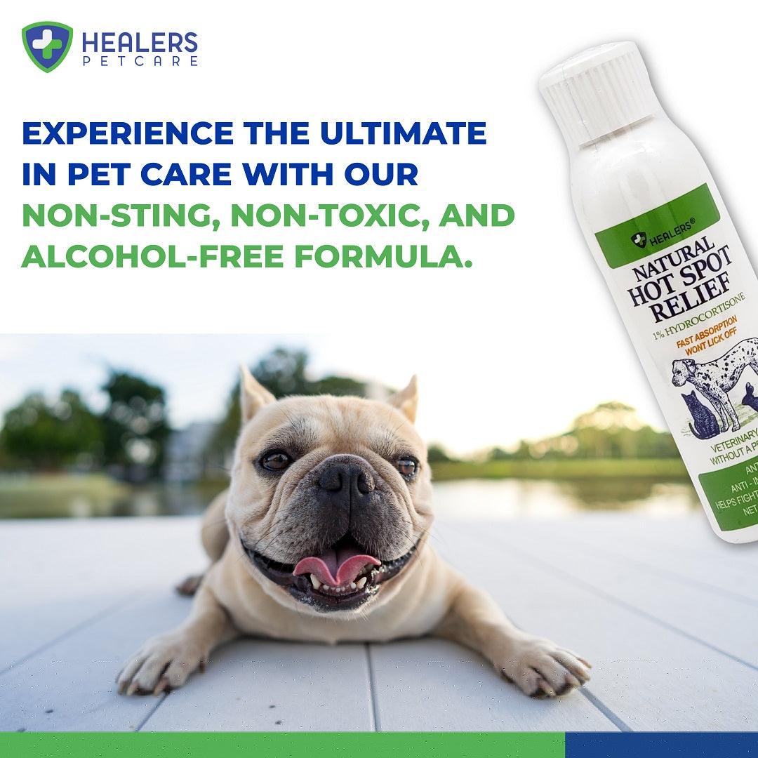 Healers PetCare Natural Hot Spot Relief bottle with 1% hydrocortisone and a happy French Bulldog lying on a wooden deck, promoting a non-sting, non-toxic, and alcohol-free pet care formula.