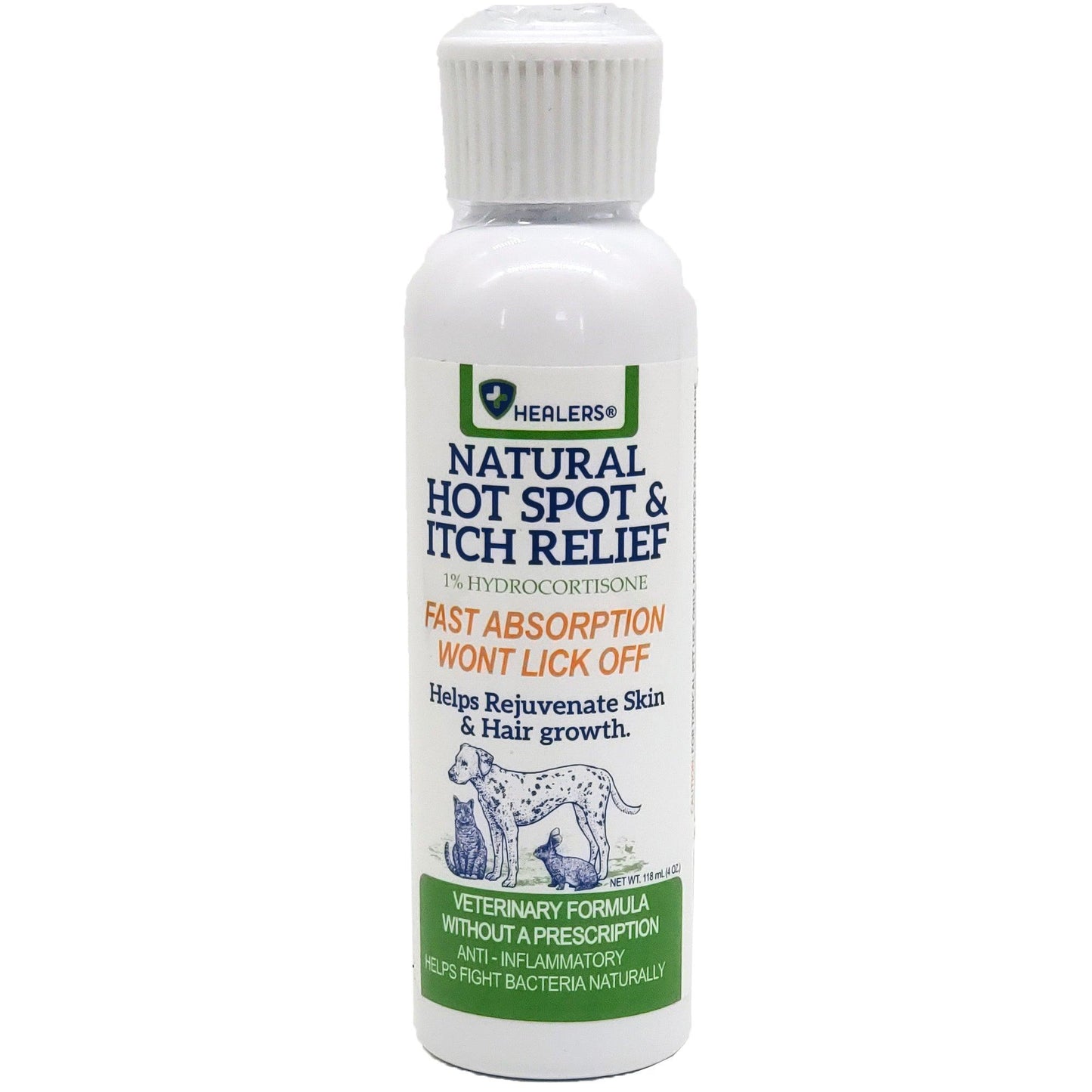 White bottle of Healers Natural Hot Spot & Itch Relief. Green label with text: fast absorption, no lick off, skin & hair growth. Veterinary formula. Dalmatian dog image on label. Plain white background.
