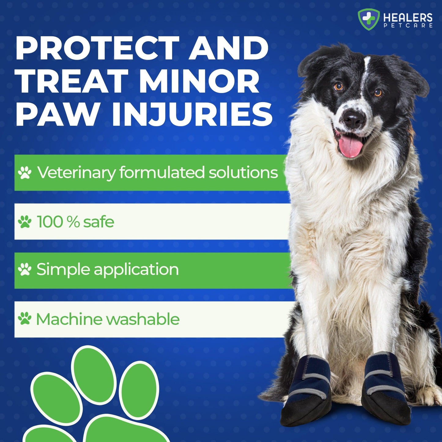 Black and white dog wearing Healers Booties to protect and treat minor paw injuries, featuring veterinary-formulated, safe, washable, and easy-to-apply design