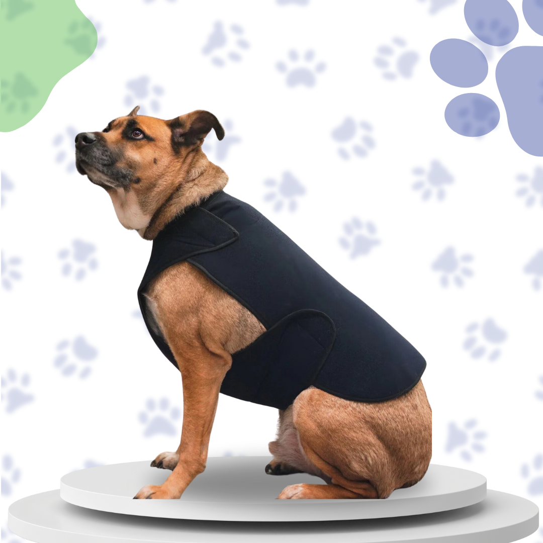 A tan and brown dog, with characteristics of a Boxer or Great Dane mix, wearing a black Healers Therapeutic & Anxiety Front Body Wrap, used for calming anxiety and providing therapeutic support to the front body.