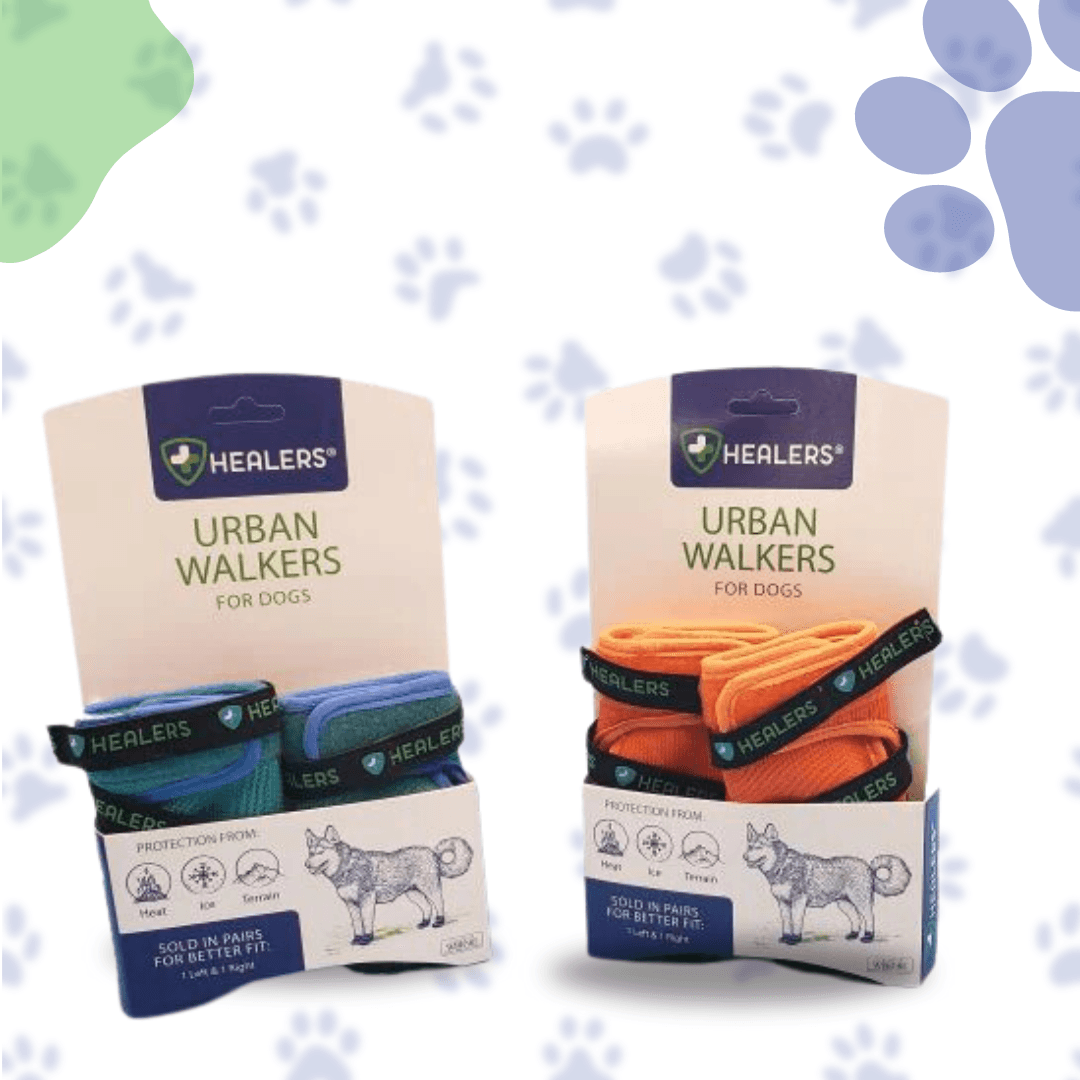 Healers Urban Walker III Waterproof Dog Boots in two color options, teal/blue and orange, are presented in their retail packaging. The boxes are white with the Healers logo and product name, and feature a husky dog illustration. The background includes a light paw print pattern.