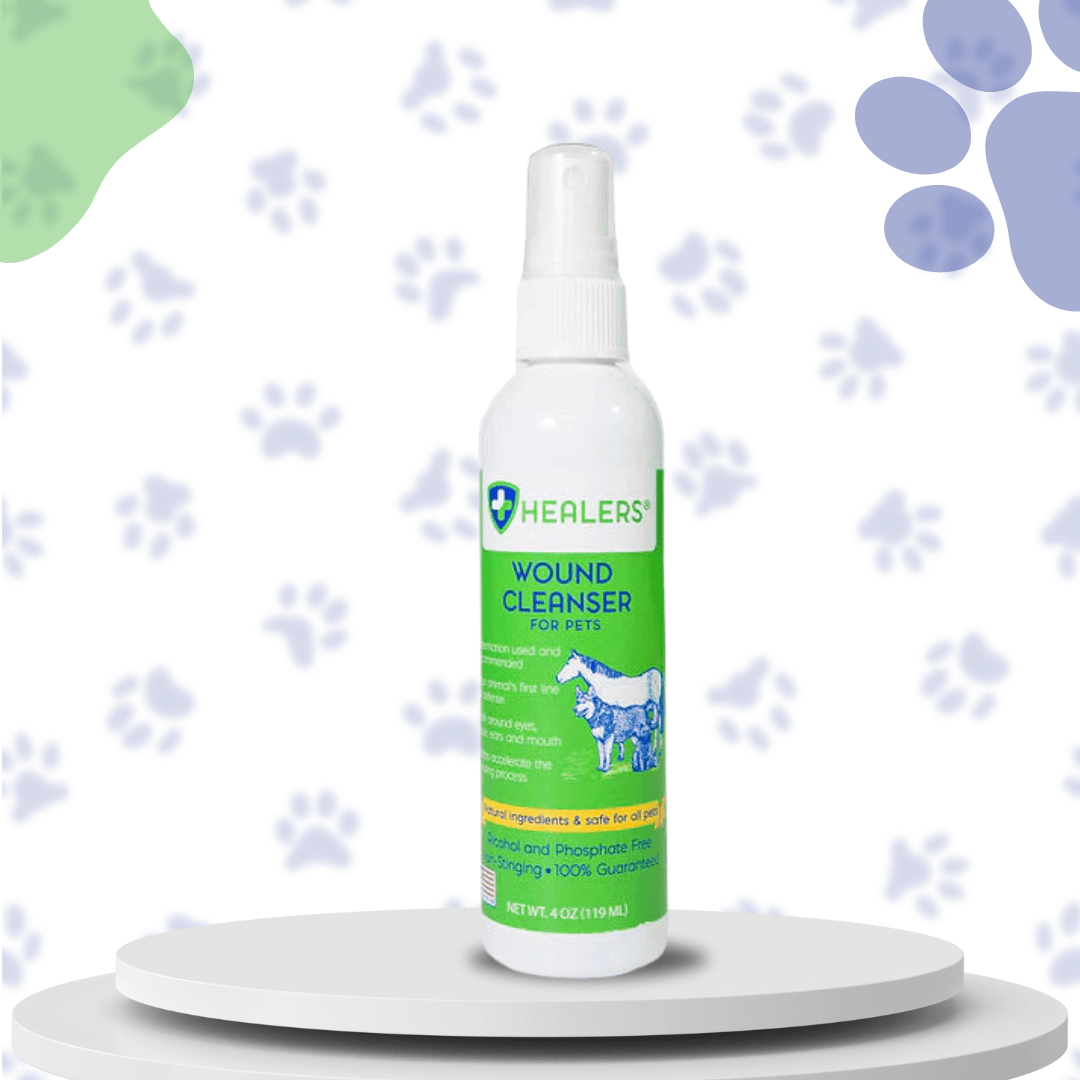 Bottle of Healers Wound Cleanser for Pets, a gentle and effective solution for cleaning pet wounds.