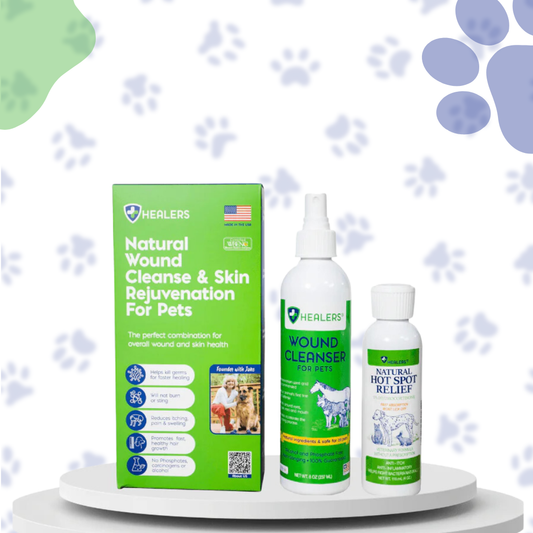 Healers Natural Wound Cleanse & Skin Rejuvenation Combo for Pets, featuring Wound Cleanser and Natural Hot Spot Relief for comprehensive pet skin care.
