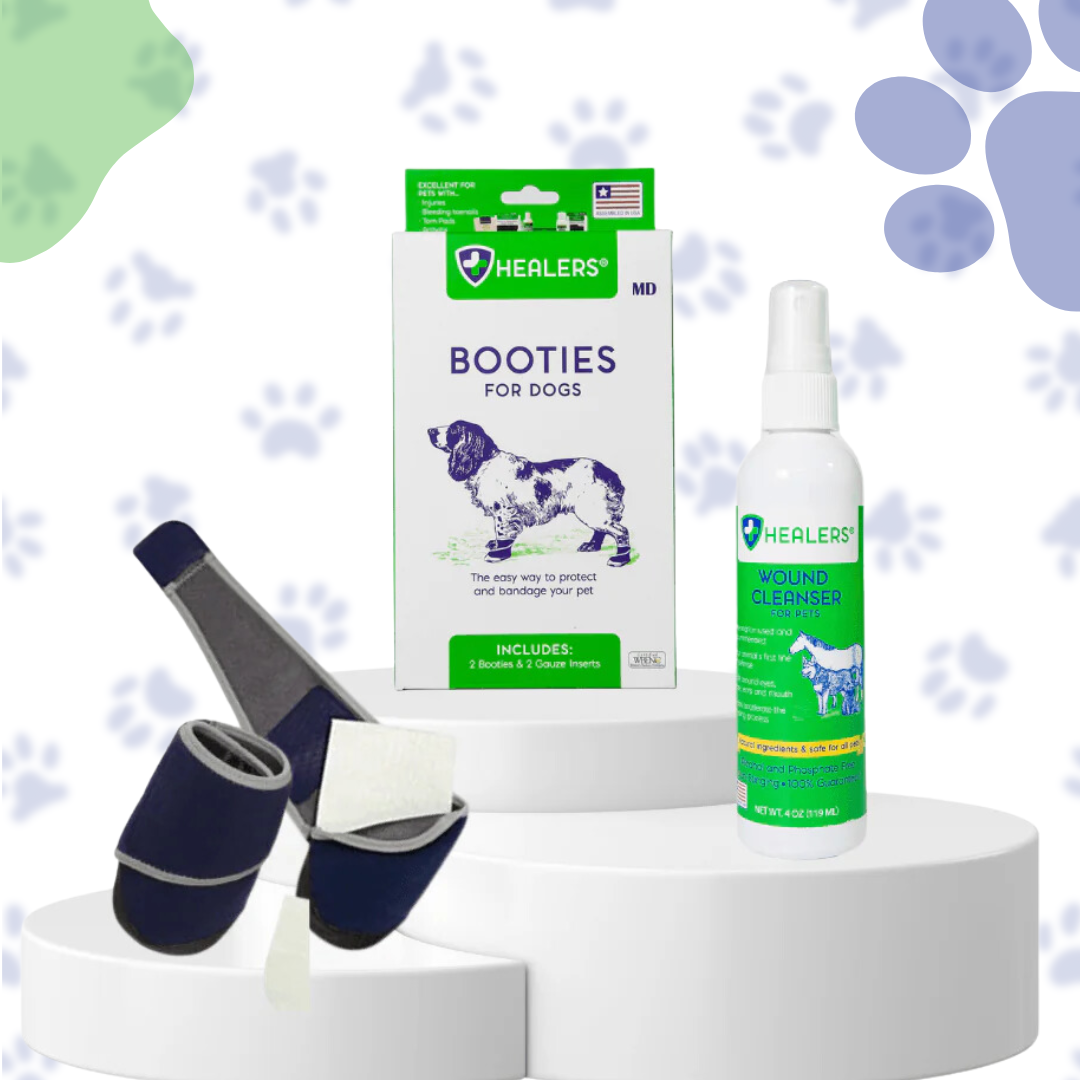 Healers Medical Dog Booties shown with their packaging, indicating they include 2 booties and 2 gauze pads for effective paw protection and bandaging, alongside a bottle of Healers Wound Cleanser for pets, available in Tagum, Davao Region, Philippines.