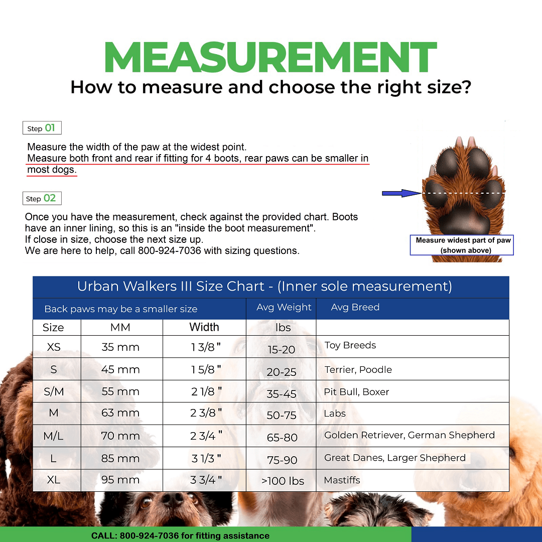 Urban Walkers dog boots size chart and measuring guide with paw width, average weight, and breed recommendations for selecting correct boot size
