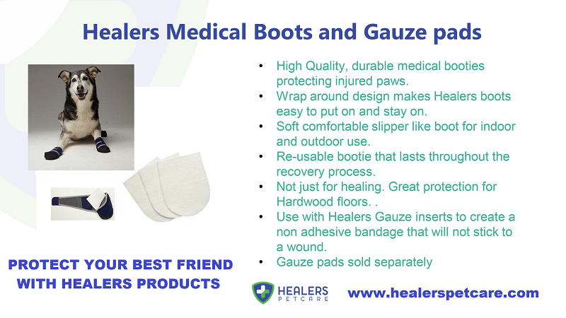 Healers Medical Boots and Gauze pads ad. Lists features and uses. Shows dog wearing boots and white gauze pads. 'Protect your best friend' text. HealersPetCare website.