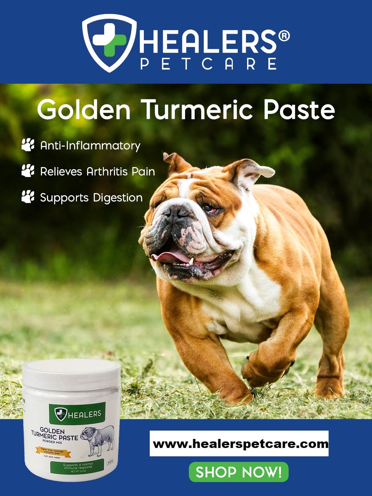 Ad for Healers Golden Turmeric Paste. Bulldog dog in foreground, product jar in lower left. Lists benefits: anti-inflammatory, arthritis relief, digestion. HealersPetCare.com and 'Shop Now'.