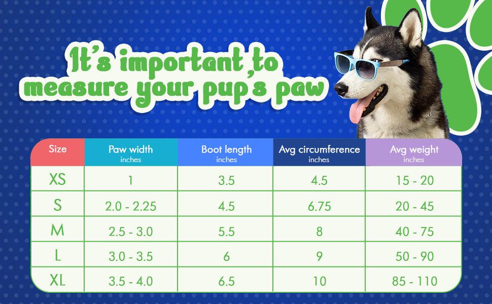 Healers PetCare booties size chart with paw width, boot length, average circumference, and dog weight for XS to XL sizes, shown with husky wearing sunglasses