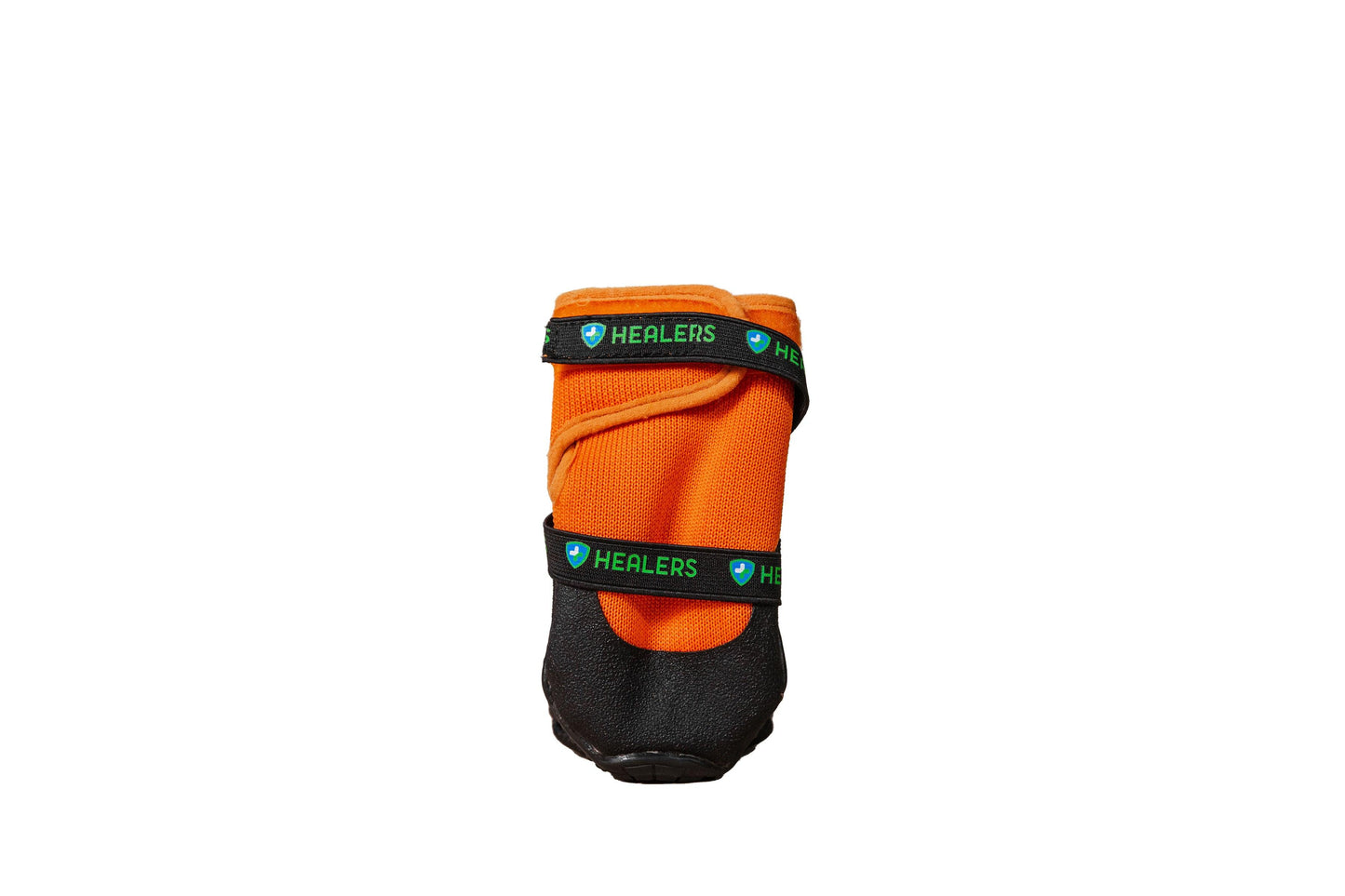 Single orange Healers dog boot with black rubber sole and adjustable black straps with logo for secure paw protection