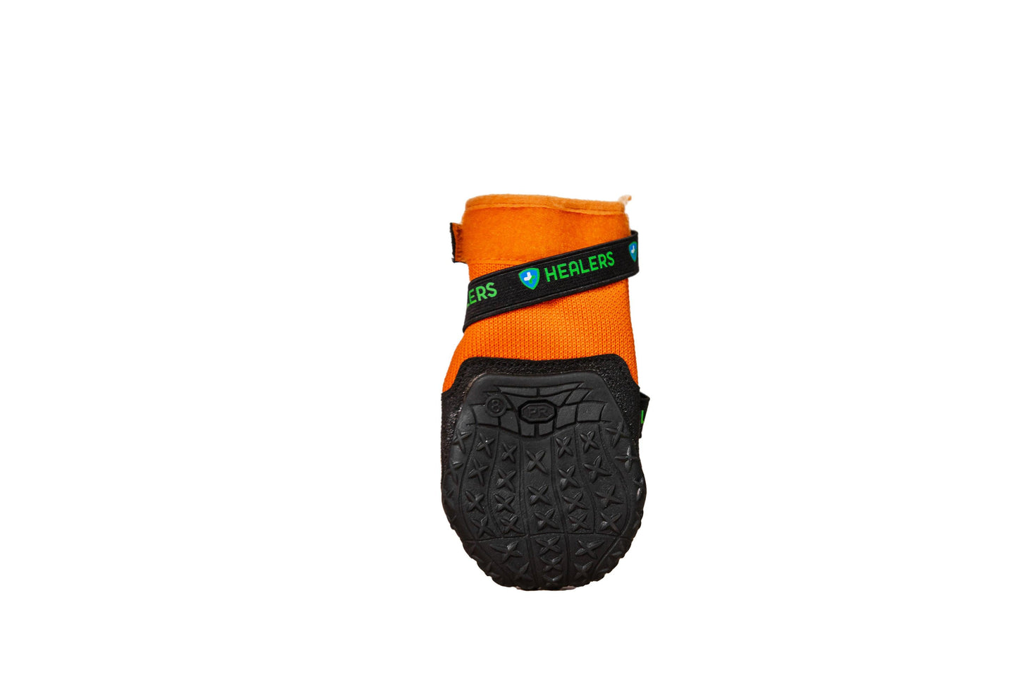 Back view of single orange Healers dog boot with textured non-slip black rubber sole and adjustable black strap with logo for secure fit