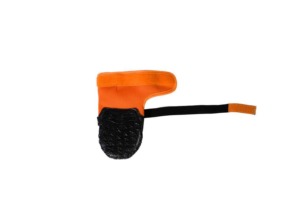 Single orange dog boot with black rubber sole and extended adjustable strap with hook-and-loop fastener, designed for paw protection