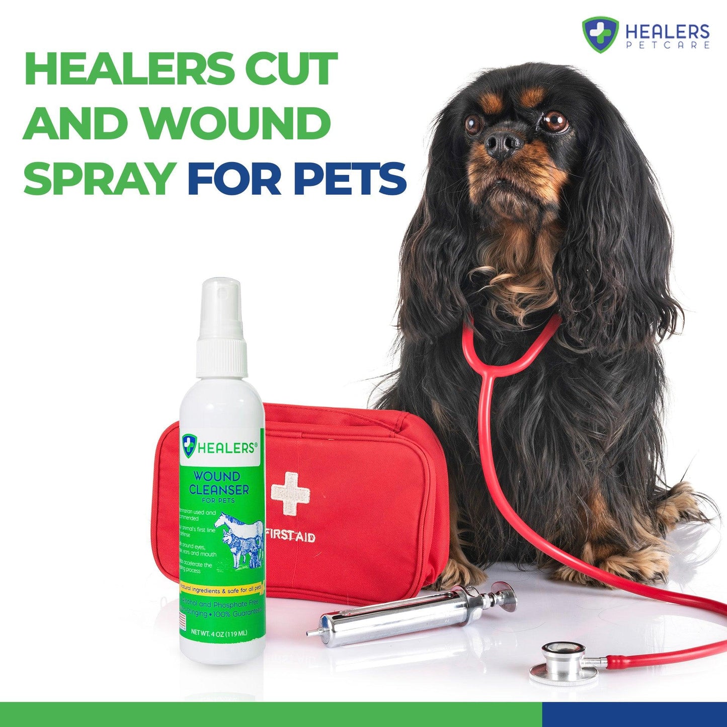 Black and tan Cavalier King Charles Spaniel wearing a red stethoscope, sitting next to Healers Wound Cleanser spray bottle and red first aid kit with veterinary tools, promoting pet wound care spray.