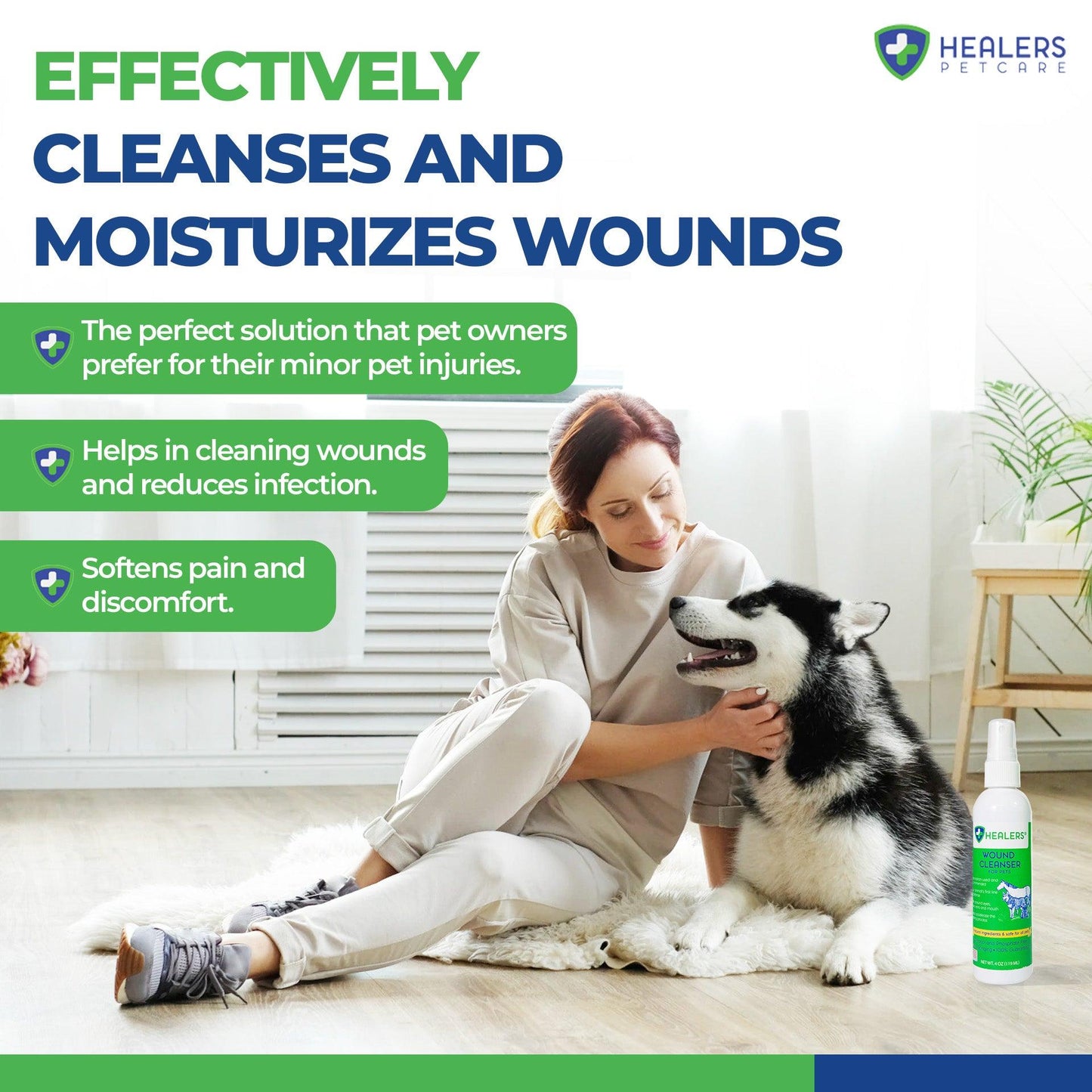 Woman sitting on floor next to a happy Siberian Husky dog with Healers Wound Cleanser spray bottle nearby, highlighting benefits of effectively cleansing and moisturizing wounds, reducing infection, and softening pain for minor pet injuries.