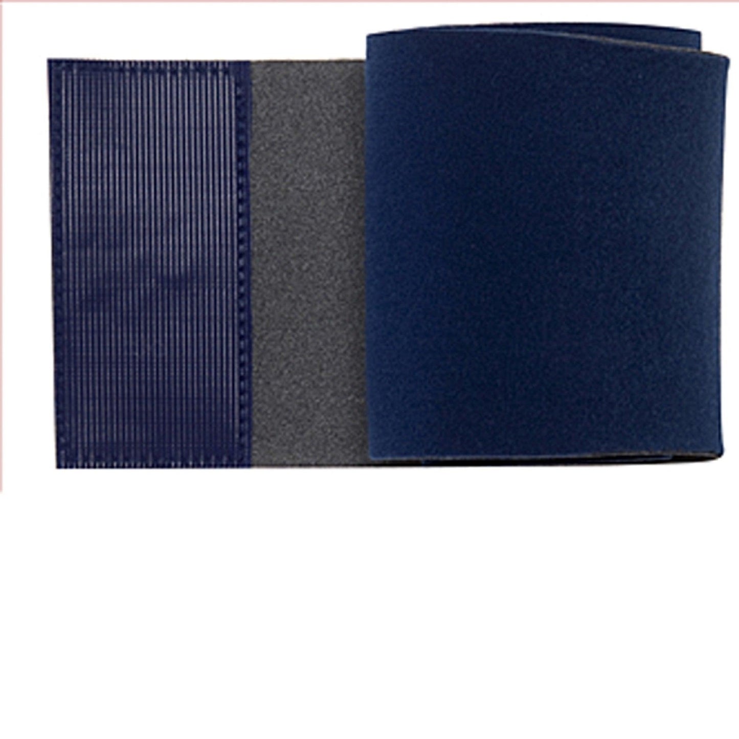 Blue and grey Healers Elastic Wrap Leg Bandage, partially unrolled, showing different materials and textures. Plain white background.