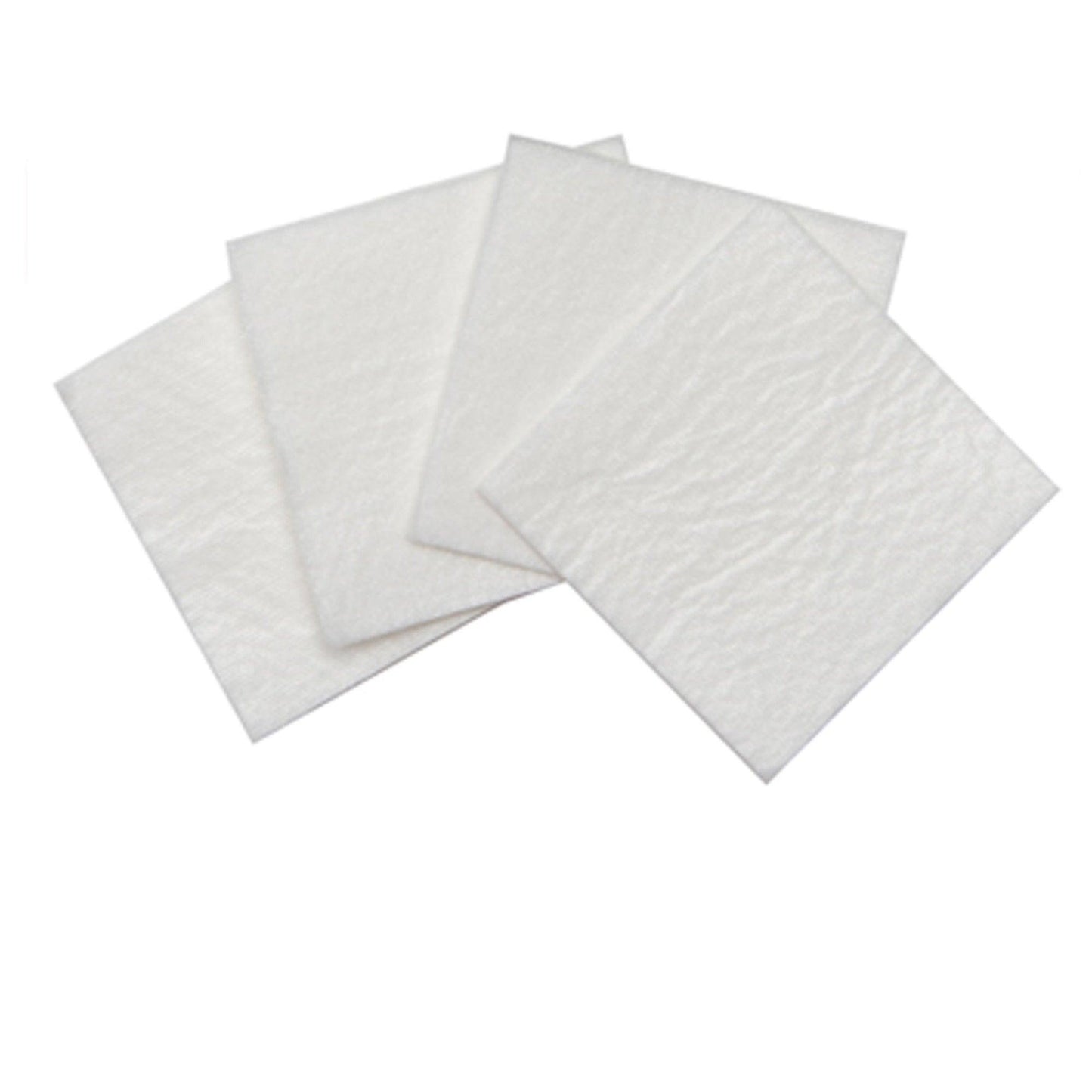 Close-up of four white, soft-looking Healers gauze pads, square, arranged in a small stack. Plain white background.