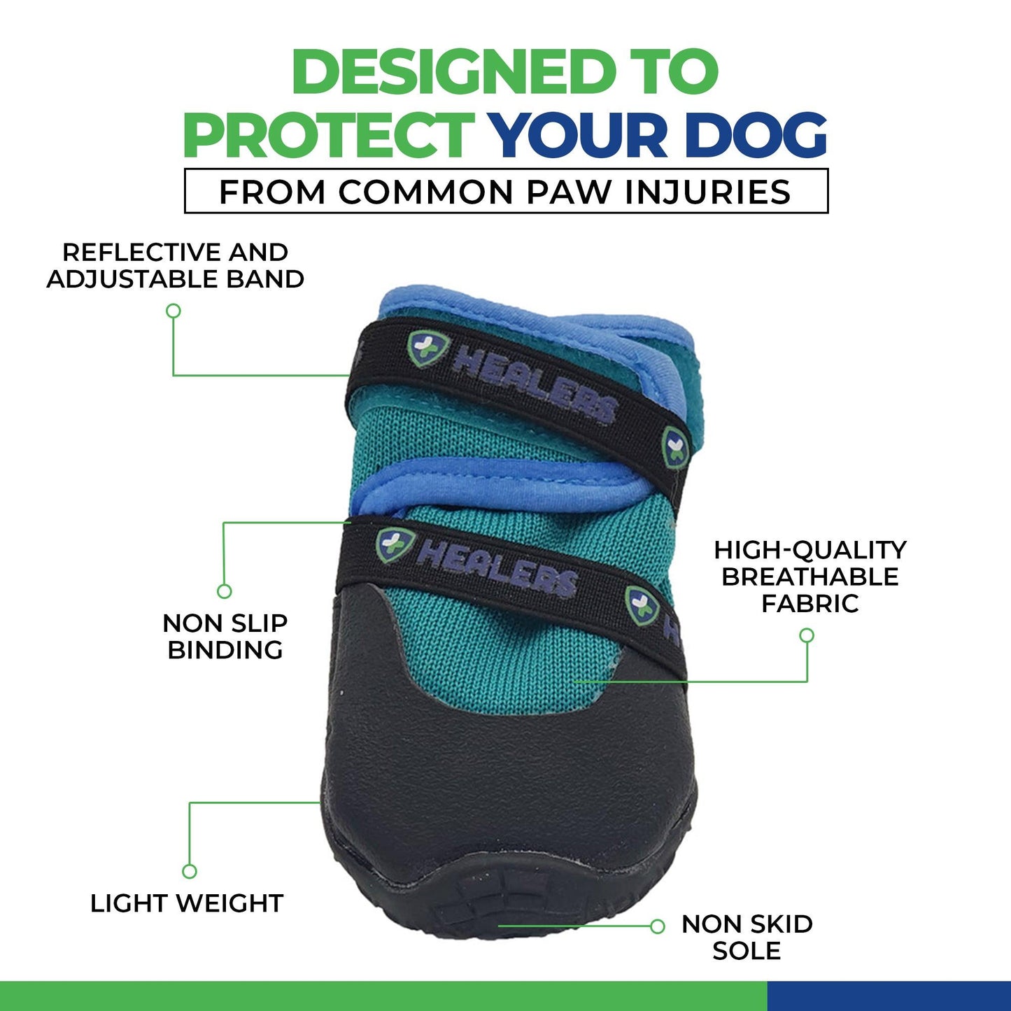 Blue and black dog bootie with reflective adjustable bands, non-slip binding, lightweight breathable fabric, and non-skid sole designed to protect dogs from common paw injuries