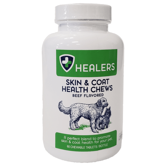 Healers Skin & Coat Health Chews for dogs, packed with omega-3 fatty acids, flaxseed, turmeric, and chamomile for healthy skin and a shiny coat