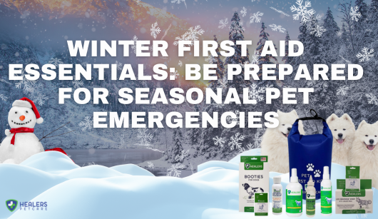 Healers Comprehensive First Aid Kit for dogs displayed with winter pet safety essentials including wound cleanser, hot spot relief, and medical booties