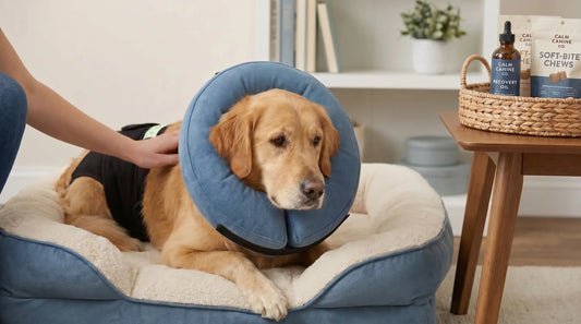 Dog resting calmly during post-surgery recovery wearing a Healers therapeutic body wrap as a cone alternative