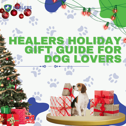 Healers PetCare holiday gift guide for dog lovers featuring first aid kits, Urban Walkers boots, LED lighted jackets, anxiety body wraps, and Golden Turmeric Paste