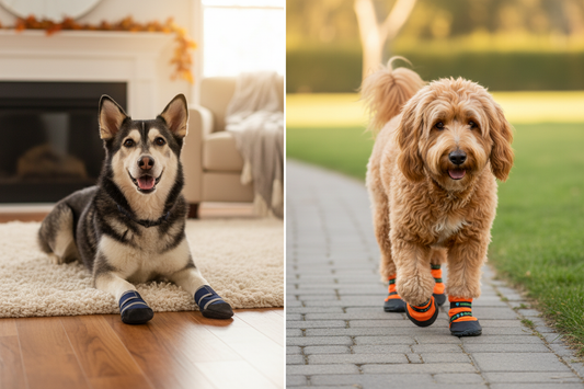 Split image showing a Husky mix wearing blue medical recovery booties indoors and a Goldendoodle wearing orange Healers Urban Walker booties outdoors