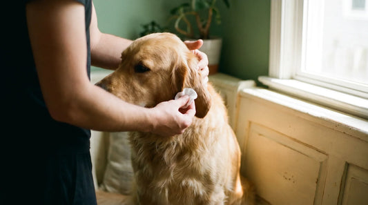 Healers 2-in-1 Eye and Ear Wash bottle on a home counter, ready for gentle no-sting HOCl cleaning of a dog's eyes and ears.