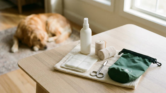 Complete dog first aid kit laid out showing HOCl wound cleanser, medical dog booties, gauze pads, and essential tools for home wound care.