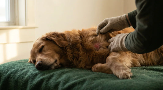Healers HOCl Wound Care Cleanser spray bottle shown as a lick-safe, no-sting treatment for a dog's acute hot spot.