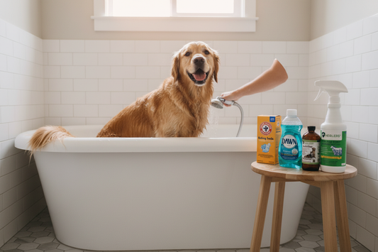 Dog in bathtub next to a stool with Healers Skin and Coat Grooming Spray, Healers All-Natural Deodorizer, baking soda, dish soap, and hydrogen peroxide