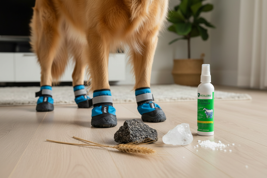 Dog wearing Healers Urban Walker boots standing next to seasonal paw hazards including salt, ice, asphalt and foxtail