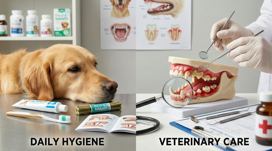 Split screen of a dog resting its head on a counter next to a toothbrush and toothpaste, and a veterinarian with dental tools next to a cast of dog teeth