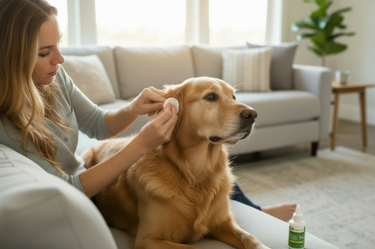 Person gently cleaning a golden retriever's ear with Healers Eye and Ear Wash bottle on the table nearby