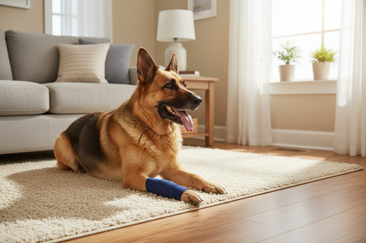 Dog wearing a Healers elastic leg bandage wrap while resting in a cozy living room — at-home dog wound care guide