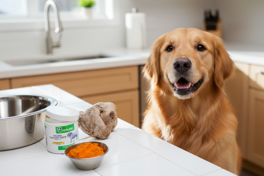 Healers Golden Turmeric Paste jar next to a bowl of fresh turmeric paste and turmeric root on a white kitchen counter with a dog nearby