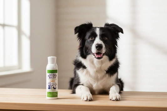 Border Collie dog receiving hot spot relief care at home — everyday habits that support your pet's health